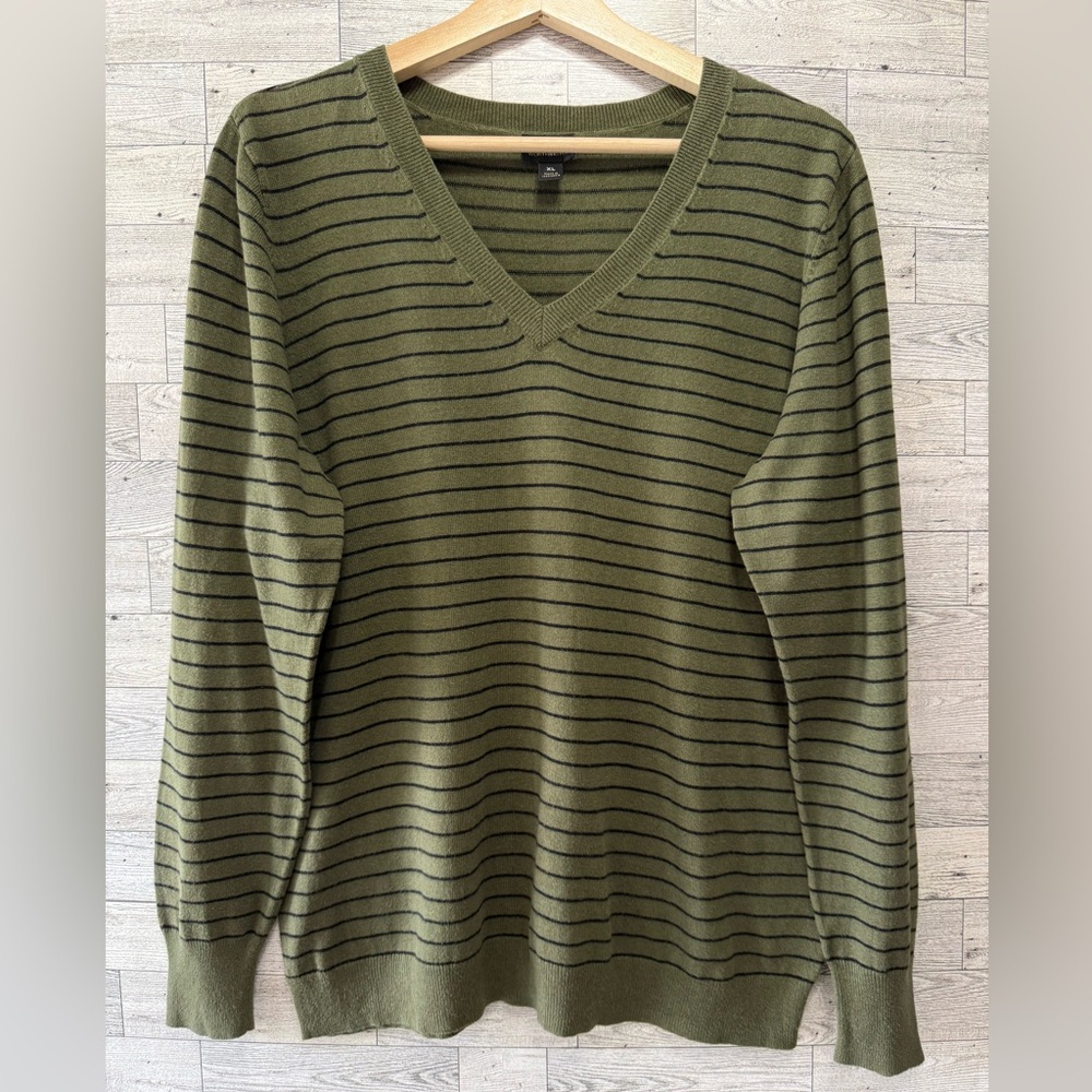 Green Striped V-Neck Sweater